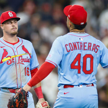 Aug 2, 2025; San Diego, California, USA; St. Louis Cardinals third baseman Nolan Gorman (16) celebrates with first baseman Willson Contreras (40) after defeating the San Diego Padres at Petco Park. Mandatory Credit: David Frerker-Imagn Images