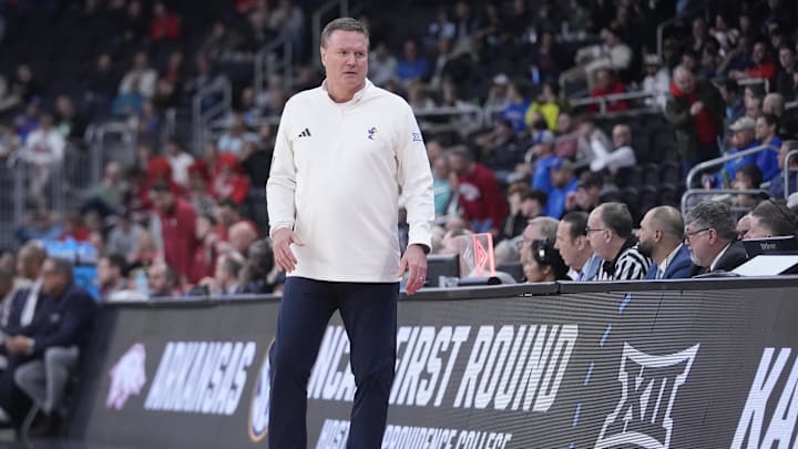 Mar 20, 2025; Providence, RI, USA;  Kansas Jayhawks head coach Bill Self looks on during the first quarter against the Arkansas Razorbacks at Amica Mutual Pavilion. Mandatory Credit: Gregory Fisher-Imagn Images