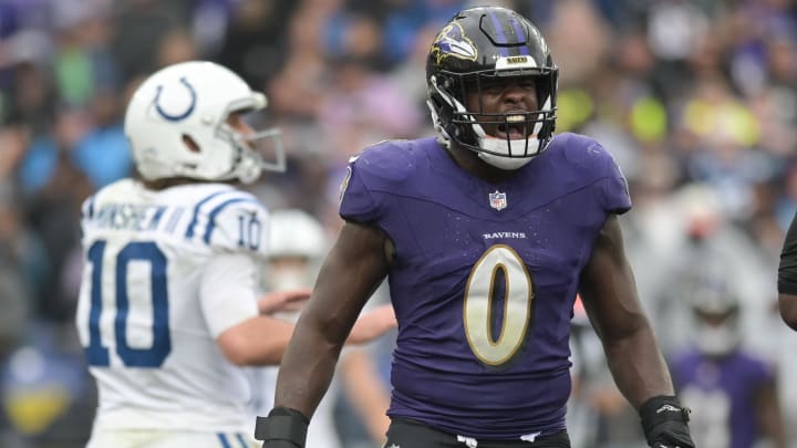 Sep 24, 2023; Baltimore, Maryland, USA; Baltimore Ravens linebacker Roquan Smith (0) reacts after a play during the second half  against the Indianapolis Colts at M&T Bank Stadium. Mandatory Credit: Tommy Gilligan-USA TODAY Sports