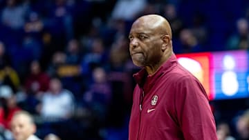 Dec 3, 2024; Baton Rouge, Louisiana, USA;  Florida State Seminoles head coach Leonard Hamilton looks on against the LSU Tigers during the first half at Pete Maravich Assembly Center. Mandatory Credit: Stephen Lew-Imagn Images