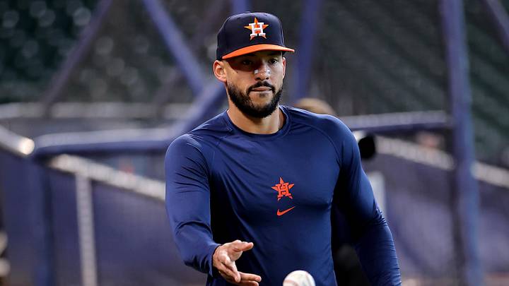 Sep 15, 2025; Houston, Texas, USA; Houston Astros third baseman Carlos Correa (1) warms up prior to the game against the Texas Rangers at Daikin Park. Mandatory Credit: Erik Williams-Imagn Images