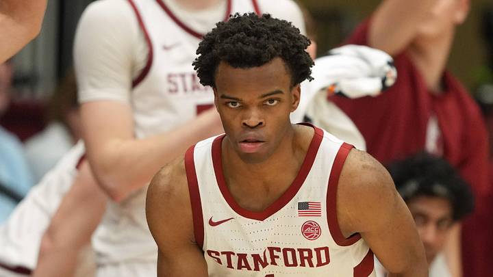 Dec 27, 2025; Stanford, California, USA; Stanford Cardinal guard Ebuka Okorie (1) reacts after making a three point basket against the CSUN Matadors during the second half at Maples Pavilion. Mandatory Credit: Darren Yamashita-Imagn Images