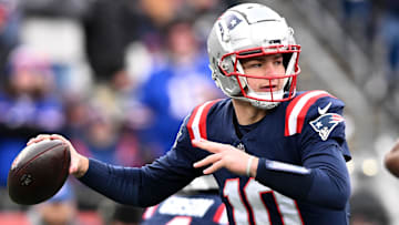 Jan 5, 2025; Foxborough, Massachusetts, USA; New England Patriots quarterback Drake Maye (10) looks to throw against the Buffalo Bills during the first half at Gillette Stadium. Mandatory Credit: Brian Fluharty-Imagn Images