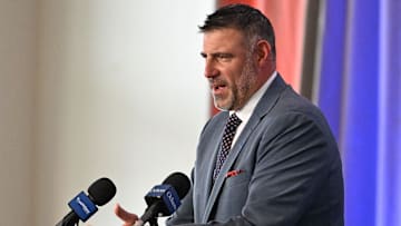 Jan 13, 2025; Foxborough, MA, USA; Mike Vrabel addresses media at a press conference to announce his hiring as the New England Patriots head coach at Gillette Stadium. Mandatory Credit: Eric Canha-Imagn Images