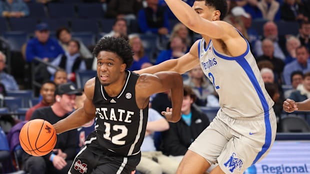 Mississippi State guard Josh Hubbard drives to the basket against Memphis.