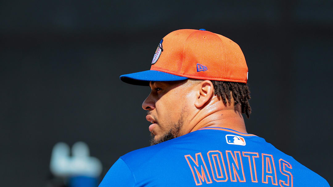 Feb 12, 2025; Port St. Lucie, FL, USA; New York Mets pitcher Frankie Montas (47) pitches during a Spring Training workout at Clover Park. Mandatory Credit: Sam Navarro-Imagn Images