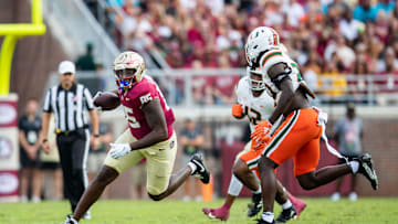 The Florida State Seminoles and the Miami Hurricanes are tied 10-10 at the half on Saturday, Nov. 11, 2023.