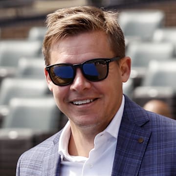 Chicago White Sox general manager Chris Getz smiles before an MLB Opening Day game between the Chicago White Sox and Detroit Tigers at Guaranteed Rate Field on March 28.