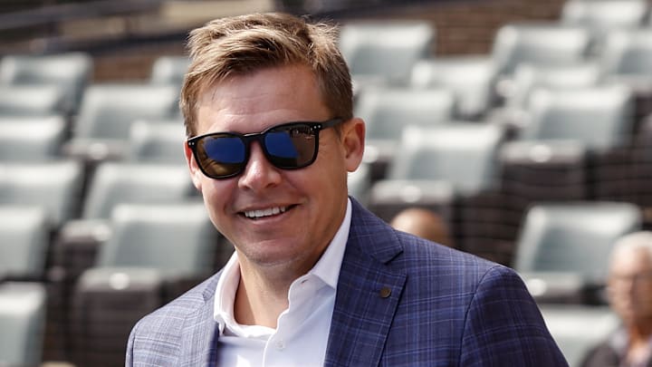 Chicago White Sox general manager Chris Getz smiles before an MLB Opening Day game between the Chicago White Sox and Detroit Tigers at Guaranteed Rate Field on March 28.