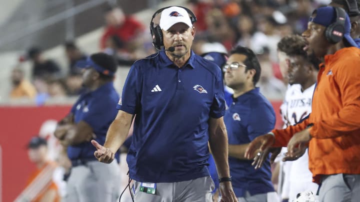 Sep 2, 2023; Houston, Texas, USA; UTSA Roadrunners head coach Jeff Traylor reacts after a play during the third quarter against the Houston Cougars at TDECU Stadium. Mandatory Credit: Troy Taormina-USA TODAY Sports