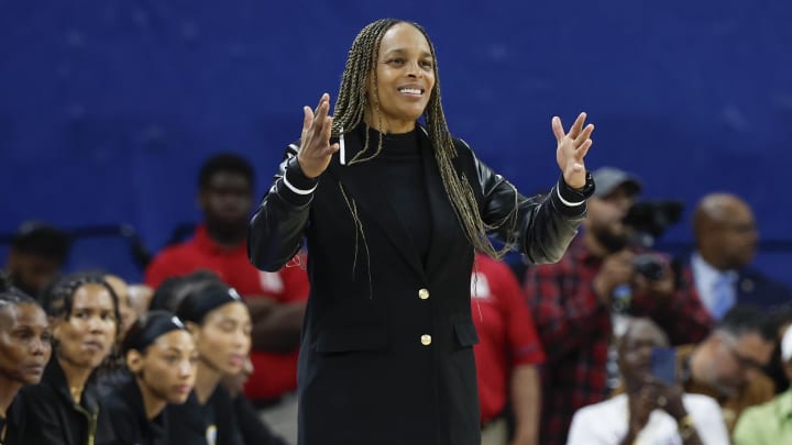 Jun 23, 2024; Chicago, Illinois, USA; Chicago Sky head coach Teresa Weatherspoon reacts during the second half of a basketball game against the Indiana Fever at Wintrust Arena. Mandatory Credit: Kamil Krzaczynski-USA TODAY Sports