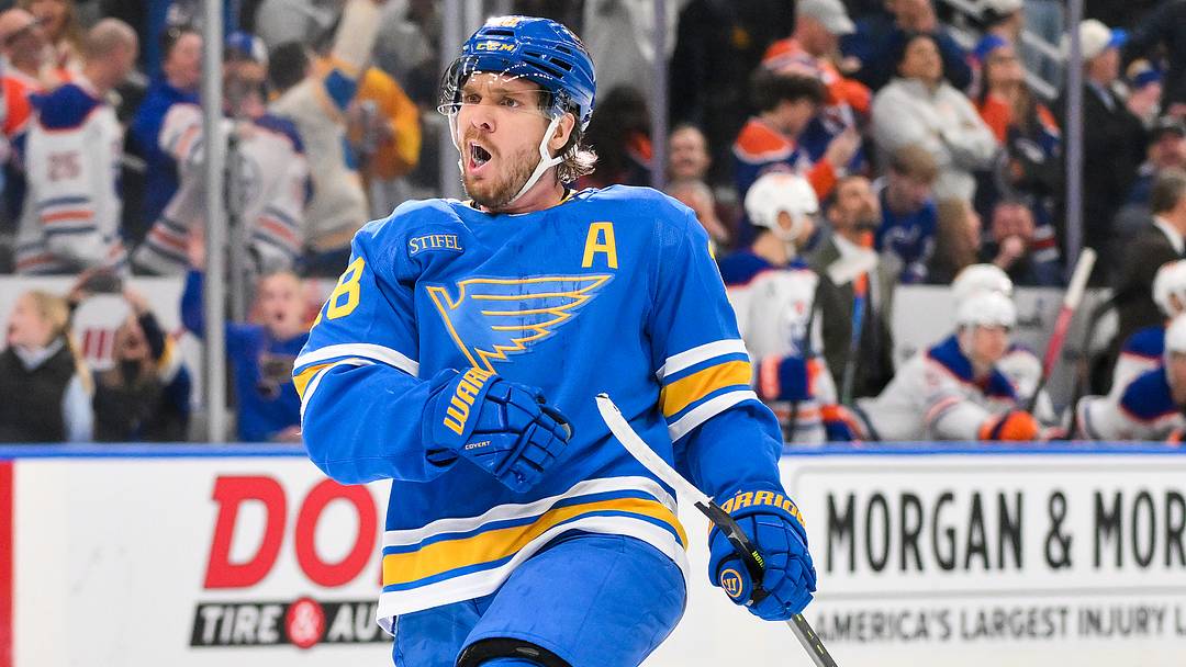 Mar 13, 2026; St. Louis, Missouri, USA; St. Louis Blues center Robert Thomas (18) reacts after scoring the game winning goal against the Edmonton Oilers during overtime at Enterprise Center. Mandatory Credit: Jeff Curry-Imagn Images