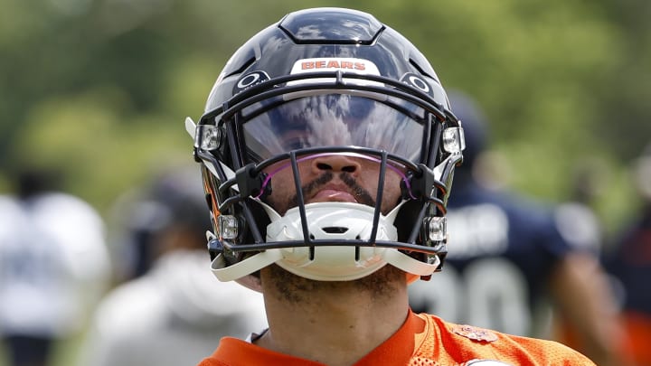 Jun 5, 2024; Lake Forest, IL, USA; Chicago Bears quarterback Caleb Williams (18) warms up during the team's minicamp at Halas Hall. Mandatory Credit: Kamil Krzaczynski-USA TODAY Sports