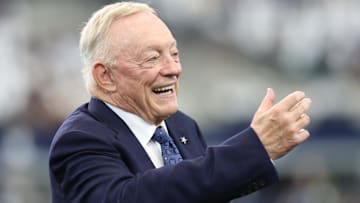 Sep 14, 2025; Arlington, Texas, USA; Dallas Cowboys owner Jerry Jones on the sideilne before the game against the New York Giants at AT&T Stadium. Mandatory Credit: Kevin Jairaj-Imagn Images