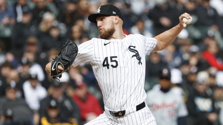 Mar 28, 2024; Chicago, Illinois, USA; Chicago White Sox starting pitcher Garrett Crochet (45) delivers a pitch during the first inning of the Opening Day game against the Detroit Tigers at Guaranteed Rate Field. Mandatory Credit: Kamil Krzaczynski-USA TODAY Sports