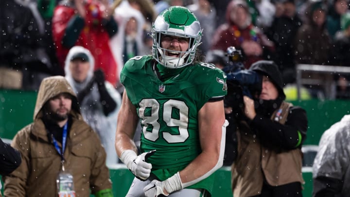 Nov 26, 2023; Philadelphia, Pennsylvania, USA; Tght end Jack Stoll (89) reacts to his first down catch against the Buffalo Bills during the third quarter at Lincoln Financial Field.  