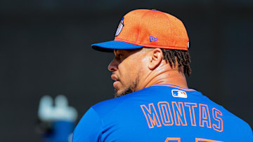 Feb 12, 2025; Port St. Lucie, FL, USA; New York Mets pitcher Frankie Montas (47) pitches during a Spring Training workout at Clover Park. Mandatory Credit: Sam Navarro-Imagn Images