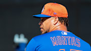 Feb 12, 2025; Port St. Lucie, FL, USA; New York Mets pitcher Frankie Montas (47) pitches during a Spring Training workout at Clover Park. Mandatory Credit: Sam Navarro-Imagn Images