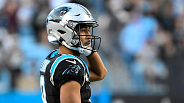 Nov 3, 2024; Charlotte, North Carolina, USA; Carolina Panthers quarterback Bryce Young (9) on the field in the fourth quarter at Bank of America Stadium. Mandatory Credit: Bob Donnan-Imagn Images