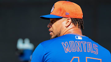Feb 12, 2025; Port St. Lucie, FL, USA; New York Mets pitcher Frankie Montas (47) pitches during a Spring Training workout at Clover Park. Mandatory Credit: Sam Navarro-Imagn Images