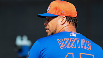 Feb 12, 2025; Port St. Lucie, FL, USA; New York Mets pitcher Frankie Montas (47) pitches during a Spring Training workout at Clover Park. Mandatory Credit: Sam Navarro-Imagn Images