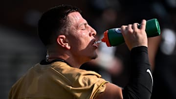 Vanderbilt quarterback Diego Pavia (2) takes a drink during fall practice Wednesday, July 30, 2025, in Nashville, Tenn.