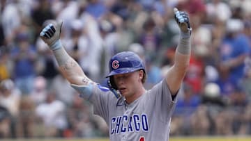 Jul 27, 2025; Chicago, Illinois, USA; Chicago Cubs outfielder Pete Crow-Armstrong (4) gestures after hitting a double against the Chicago White Sox during the third inning at Rate Field. Mandatory Credit: David Banks-Imagn Images