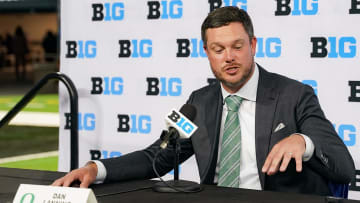 Jul 25, 2024; Indianapolis, IN, USA; Oregon Ducks head coach ??Dan Lanning speaks to the media during the Big 10 football media day at Lucas Oil Stadium. Mandatory Credit: Robert Goddin-USA TODAY Sports