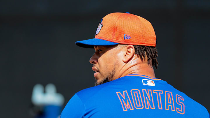 Feb 12, 2025; Port St. Lucie, FL, USA; New York Mets pitcher Frankie Montas (47) pitches during a Spring Training workout at Clover Park. Mandatory Credit: Sam Navarro-Imagn Images
