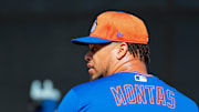 Feb 12, 2025; Port St. Lucie, FL, USA; New York Mets pitcher Frankie Montas (47) pitches during a Spring Training workout at Clover Park. Mandatory Credit: Sam Navarro-Imagn Images