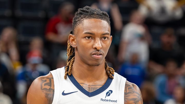 Oct 25, 2025; Memphis, Tennessee, USA; Memphis Grizzlies guard Javon Small (10) looks on against the Indiana Pacers during the second half at FedExForum. Mandatory Credit: Wesley Hale-Imagn Images