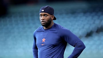 May 9, 2025; Houston, Texas, USA; Houston Astros designated hitter Yordan Alvarez (44) prior to the game against the Cincinnati Reds at Daikin Park. 
