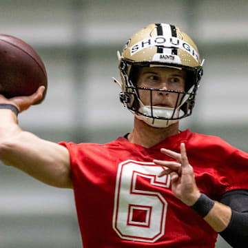 New Orleans Saints quarterback Tyler Shough throws a pass during rookie minicamp.