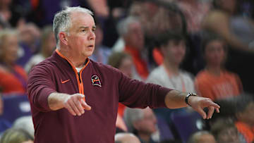 Mar 8, 2025; Clemson, SC, USA;  Virginia Tech Mike Young during the first half at Littlejohn Coliseum in Clemson, S.C Saturday, March 8, 2025.  Mandatory Credit: Ken Ruinard/USA TODAY Network via Imagn Images 