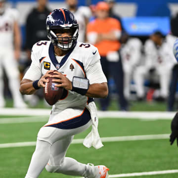 Dec 16, 2023; Detroit, Michigan, USA; Denver Broncos quarterback Russell Wilson (3) drops back to pass against the Detroit Lions in the first quarter at Ford Field. Mandatory Credit: Lon Horwedel-USA TODAY Sports
