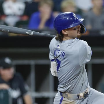 Kansas City Royals shortstop Bobby Witt Jr. (7) hits a grand slam against the Chicago White Sox during the eight inning at Guaranteed Rate Field on July 29.