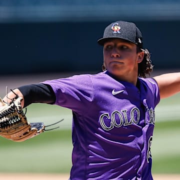 Jul 8, 2020; Denver, Colorado, United States; Colorado Rockies pitcher Ryan Rolison (80) pitches during workouts at Coors Field. Mandatory Credit: Isaiah J. Downing-Imagn Images