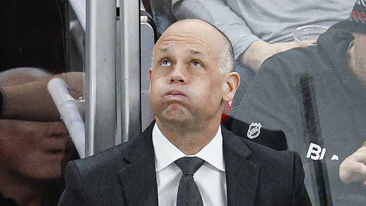 Jan 9, 2026; Chicago, Illinois, USA; Chicago Blackhawks head coach Jeff Blashill reacts during the third period at United Center. Mandatory Credit: Kamil Krzaczynski-Imagn Images