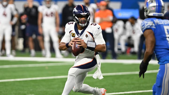 Dec 16, 2023; Detroit, Michigan, USA; Denver Broncos quarterback Russell Wilson (3) drops back to pass against the Detroit Lions in the first quarter at Ford Field. Mandatory Credit: Lon Horwedel-USA TODAY Sports