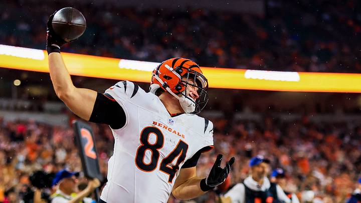 Aug 13, 2026; Cincinnati, Ohio, USA; Cincinnati Bengals tight end Jack Endries (84) reacts after scoring a touchdown against the Detroit Lions in the first half at Paycor Stadium. Mandatory Credit: Katie Stratman-Imagn Images