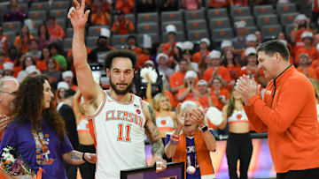 Mar 8, 2025; Clemson, SC, USA;  Clemson guard Jaeden Zackery (11) waves to fans during the pregame senior night presentation, before tipoff at Littlejohn Coliseum in Clemson, S.C Saturday, March 8, 2025.  Mandatory Credit: Ken Ruinard/USA TODAY Network via Imagn Images 