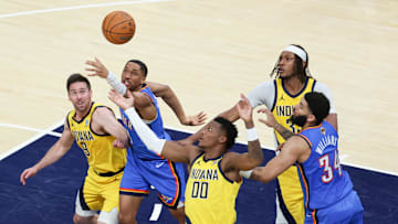 Oklahoma City Thunder guard Aaron Wiggins against Indiana Pacers' T.J. McConnell during the 2025 NBA Finals