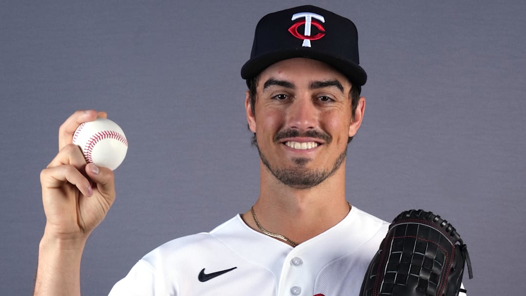 Feb 19, 2026; Lee County, FL, USA;  Minnesota Twins right-handed pitcher Joe Ryan (41) poses for a portrait during photo day at Hammond Stadium. Mandatory Credit: Jim Rassol-Imagn Images

