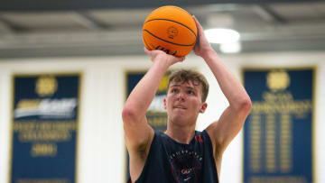Heritage Hills' Trent Sisley shoots a free-throw during the Notre Dame Team Camp at Rolfs Athletics Hall on Thursday, June 13, 2024, in South Bend.