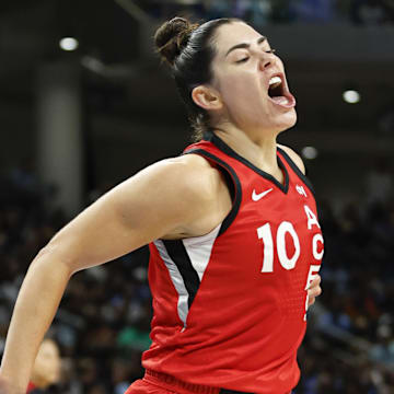 Aug 25, 2024; Chicago, Illinois, USA; Las Vegas Aces guard Kelsey Plum (10) reacts during the second half of basketball game against the Chicago Sky at Wintrust Arena. Mandatory Credit: Kamil Krzaczynski-Imagn Images