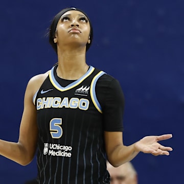 Jun 4, 2024; Chicago, Illinois, USA; Chicago Sky forward Angel Reese (5) reacts after being ejected from her team’s WNBA game against the New York Liberty during the second half at Wintrust Arena. Mandatory Credit: Kamil Krzaczynski-Imagn Images