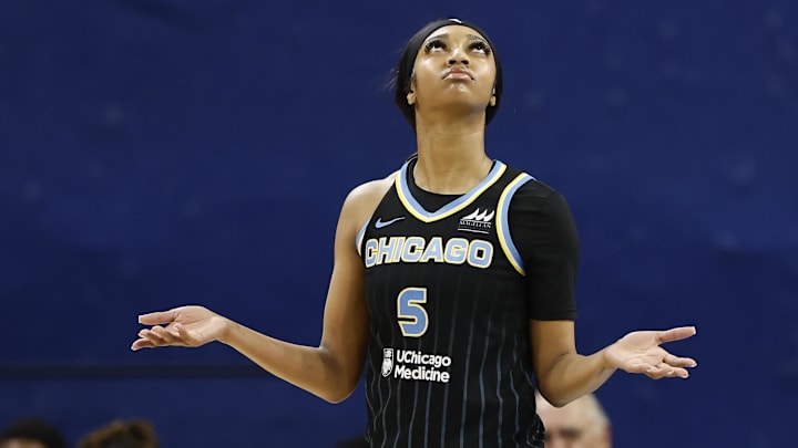 Jun 4, 2024; Chicago, Illinois, USA; Chicago Sky forward Angel Reese (5) reacts after being ejected from her team’s WNBA game against the New York Liberty during the second half at Wintrust Arena. Mandatory Credit: Kamil Krzaczynski-Imagn Images