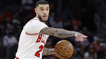 Oct 26, 2024; Chicago, Illinois, USA; Chicago Bulls guard Lonzo Ball (2) brings the ball up court against the Oklahoma City Thunder during the first half at United Center. Mandatory Credit: Kamil Krzaczynski-Imagn Images