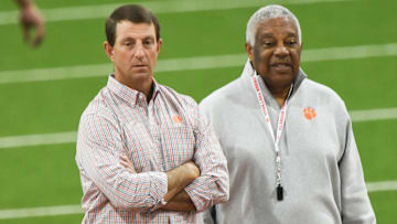 Clemson football Head Coach Dabo Swinney, left, with Woody McCorvey at Clemson Football 2025 Pro Day