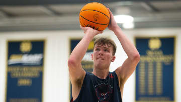 Heritage Hills' Trent Sisley shoots a free-throw during the Notre Dame Team Camp at Rolfs Athletics Hall on Thursday, June 13, 2024, in South Bend.